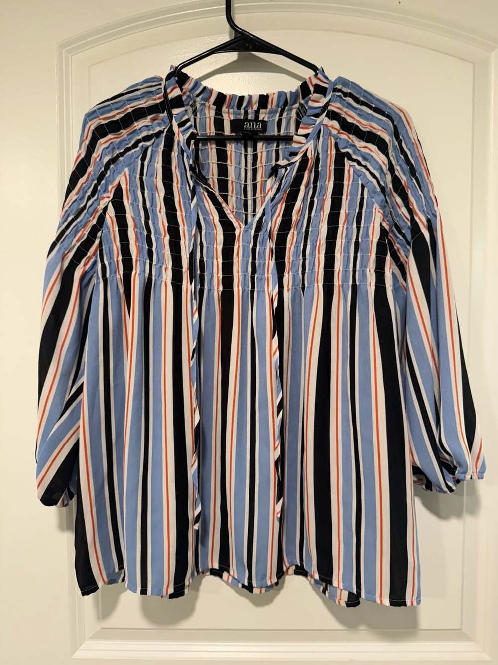 Striped Peasant Blouse Smocked Yoke Coastal Preppy Boho Women’s M